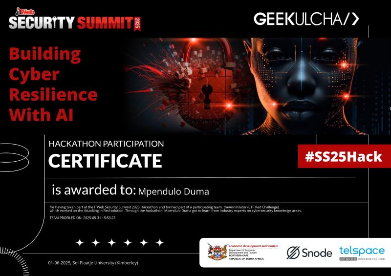 ITWeb Hackathon Certificate